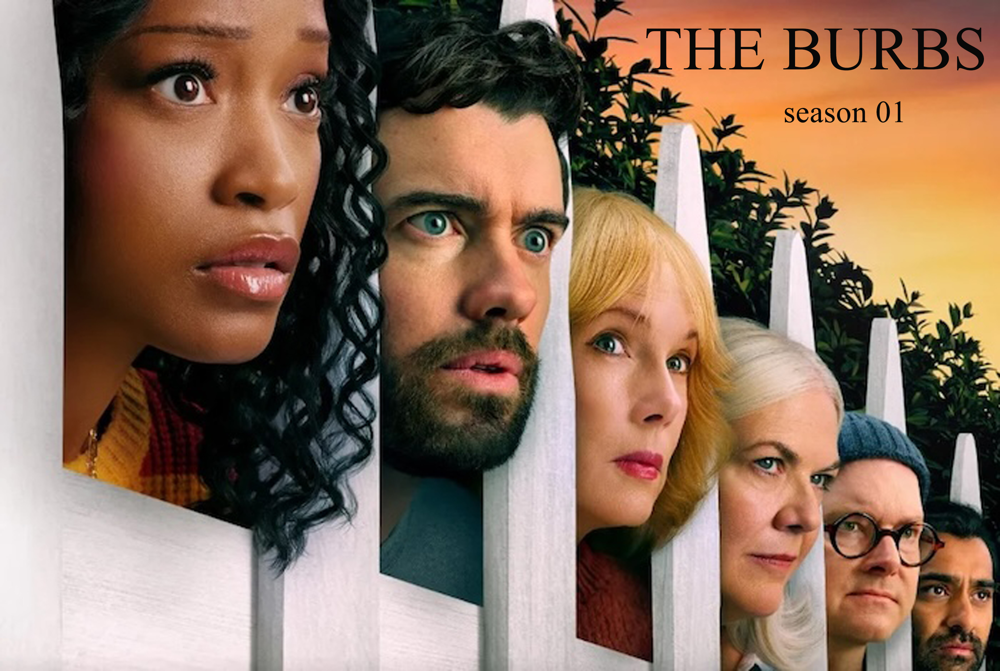 Poster collage of diverse characters peering through white slats at sunset, for The Burbs season 01 poster and promo image.