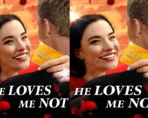 Poster for He Loves Me Not: two side-by-side images of a smiling woman facing a man offering a yellow 'MR. RIGHT' card against a sunset backdrop.