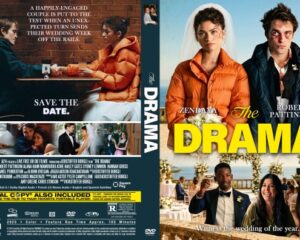DVD cover for the film The Drama, showing Zendaya and Robert Pattinson in orange jackets with a wedding scene and bold yellow title. On the back, scenes of a wedding and people with the tagline 'Save the date'.