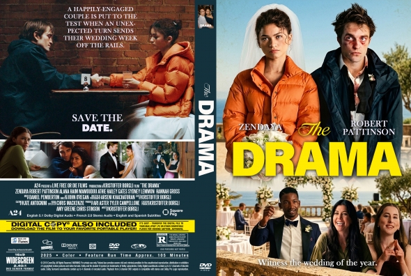 DVD cover for the film The Drama, showing Zendaya and Robert Pattinson in orange jackets with a wedding scene and bold yellow title. On the back, scenes of a wedding and people with the tagline 'Save the date'.