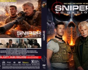 Cover art for Sniper: No Nation DVD, featuring two soldiers in tactical gear with a fiery, dark skull backdrop and the bold title.
