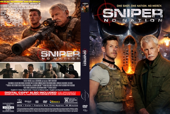 Cover art for Sniper: No Nation DVD, featuring two soldiers in tactical gear with a fiery, dark skull backdrop and the bold title.