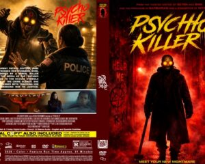 Movie poster for Psycho Killer: a menacing masked figure in a dark trench coat against flames, looming over a haunting city scene with a neon title.