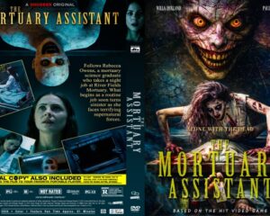 Double-sided DVD cover artwork for The Mortuary Assistant: left side shows an eerie collage with an upside-down head; right side features a grinning clown and a zombie-like woman, with the yellow title 'The Mortuary Assistant' and horror imagery.