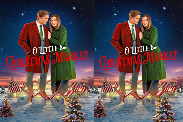 Two identical movie posters for 'A Little Christmas Market' showing a couple in red and green coats standing together above a snowy village market at night.