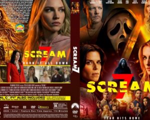 Double-sided Scream DVD/Blu-ray cover: front shows Ghostface mask with bold yellow title and ensemble cast; fiery background.