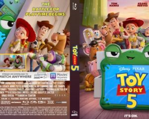 Toy Story 5 DVD cover art with Woody, Buzz, and friends gathered around a green toy screen; Disney-Pixar logo and 'It's On' slogan.