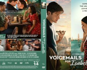 Front cover: two people talking on phones with a city skyline and the title Voicemails for Isabelle; tagline 'Sometimes the universe leaves you a message'.