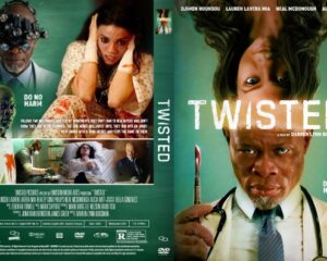 DVD cover for the film 'Twisted' featuring a stern man holding a scalpel in the foreground with a green background and the title 'Twisted' across the cover photo's right side.