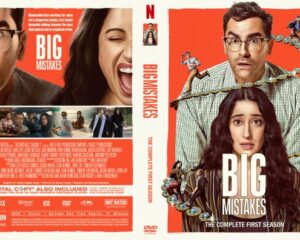 Front and back cover of a DVD: bold 'BIG MISTAKES' title, man with glasses and a woman on the front, bright orange/red background; secondary collage on back.