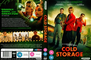 Dual-view DVD cover for Cold Storage: front shows three people in bright jackets against a green outdoor backdrop; back features film stills, synopsis text, and rating logos.