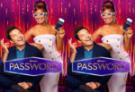 Two hosts pose on a neon purple game-show set, each holding a Password sign; the image is duplicated side-by-side.
