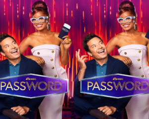 Two hosts pose on a neon purple game-show set, each holding a Password sign; the image is duplicated side-by-side.