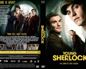 Dual-panel Young Sherlock DVD cover: back with ensemble, tagline The Game Is Afoot, and cast photos; front shows title 'Young Sherlock' with close-up of two leads.