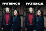 Poster for 'PATIENCE' showing two women in a dim warehouse, one blonde with headphones and a red turtleneck, the other brunette in a teal scarf; bold white PATIENCE text at top; BETA text at bottom.