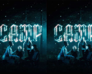 Group of people gathered around a campfire at night in a forest, with a glowing neon 'CAMP' sign behind them; image shows two side-by-side copies.