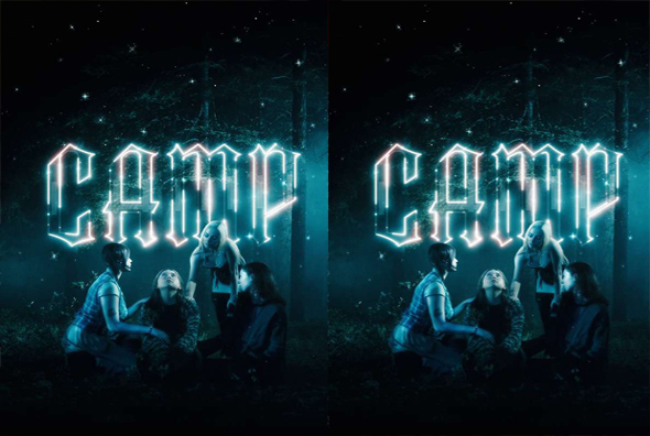 Group of people gathered around a campfire at night in a forest, with a glowing neon 'CAMP' sign behind them; image shows two side-by-side copies.