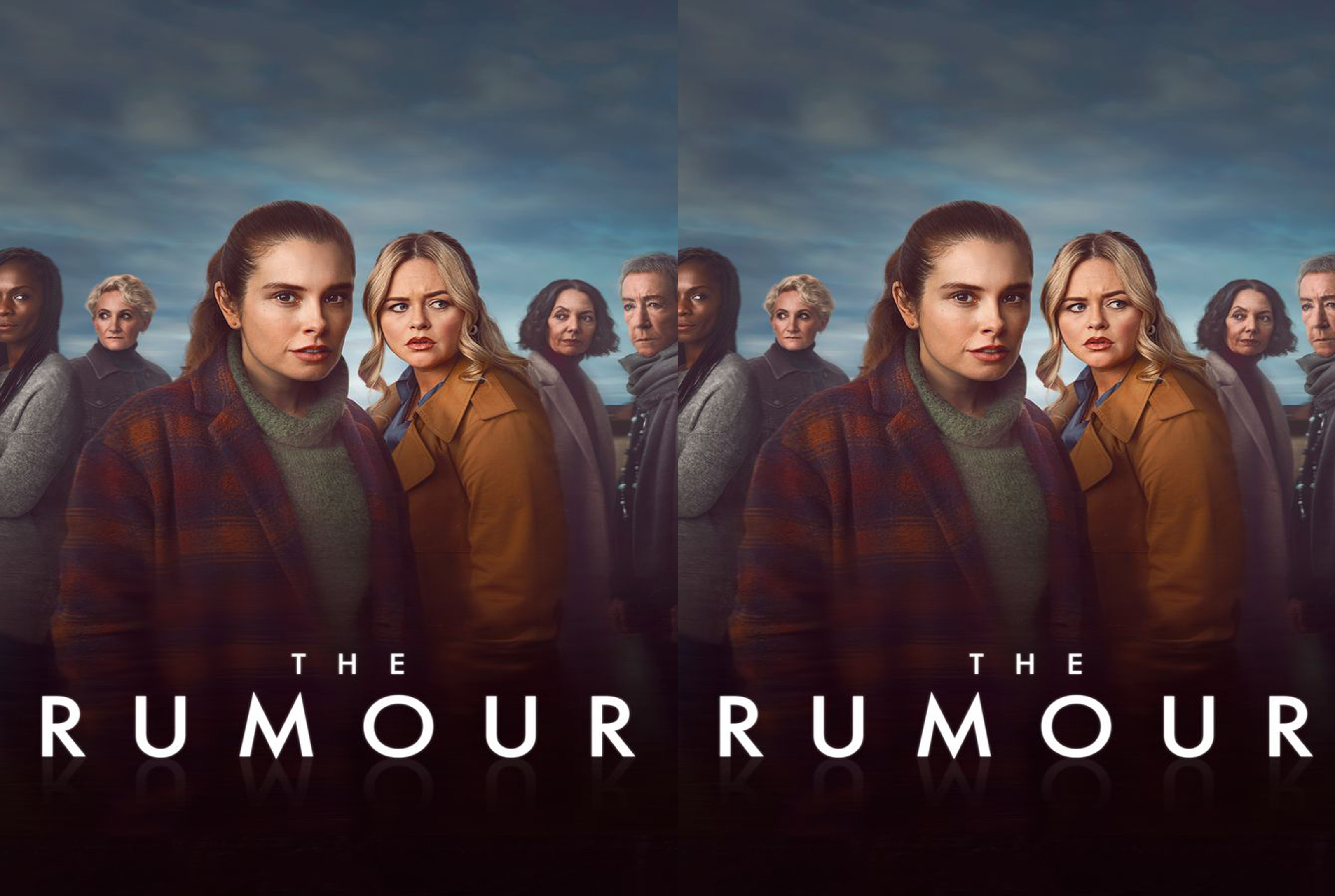 Movie poster featuring an ensemble of women with concerned expressions, against a cloudy blue sky; title reads 'The Rumour'.