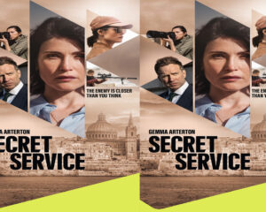 Collage-style poster for 'Secret Service' with multiple characters, a photographer, a sniper, and a cityscape background conveying espionage action.