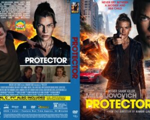 Front DVD cover: Mila Jovovich pointing a gun amid explosions in a city street, with the word 'PROTECTOR' in bold yellow at the bottom; intense action look.