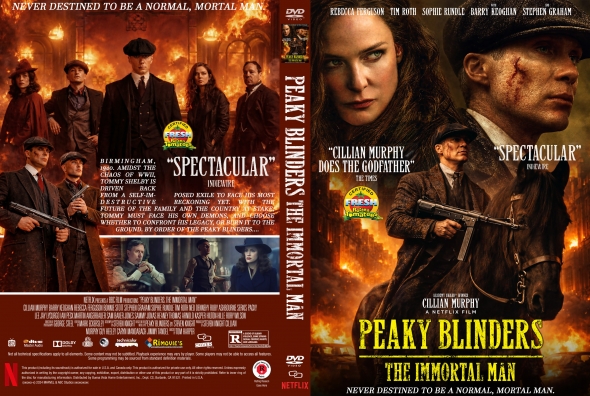 Front cover DVD artwork for Peaky Blinders: The Immortal Man, featuring Cillian Murphy in a hat with a rifle against a fiery background and the bold title at the bottom.