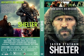 Front cover of the film Shelter: Jason Statham in a knit cap with a tense gaze, bold title SHELTER and the tagline 'Her safety. His mission.'