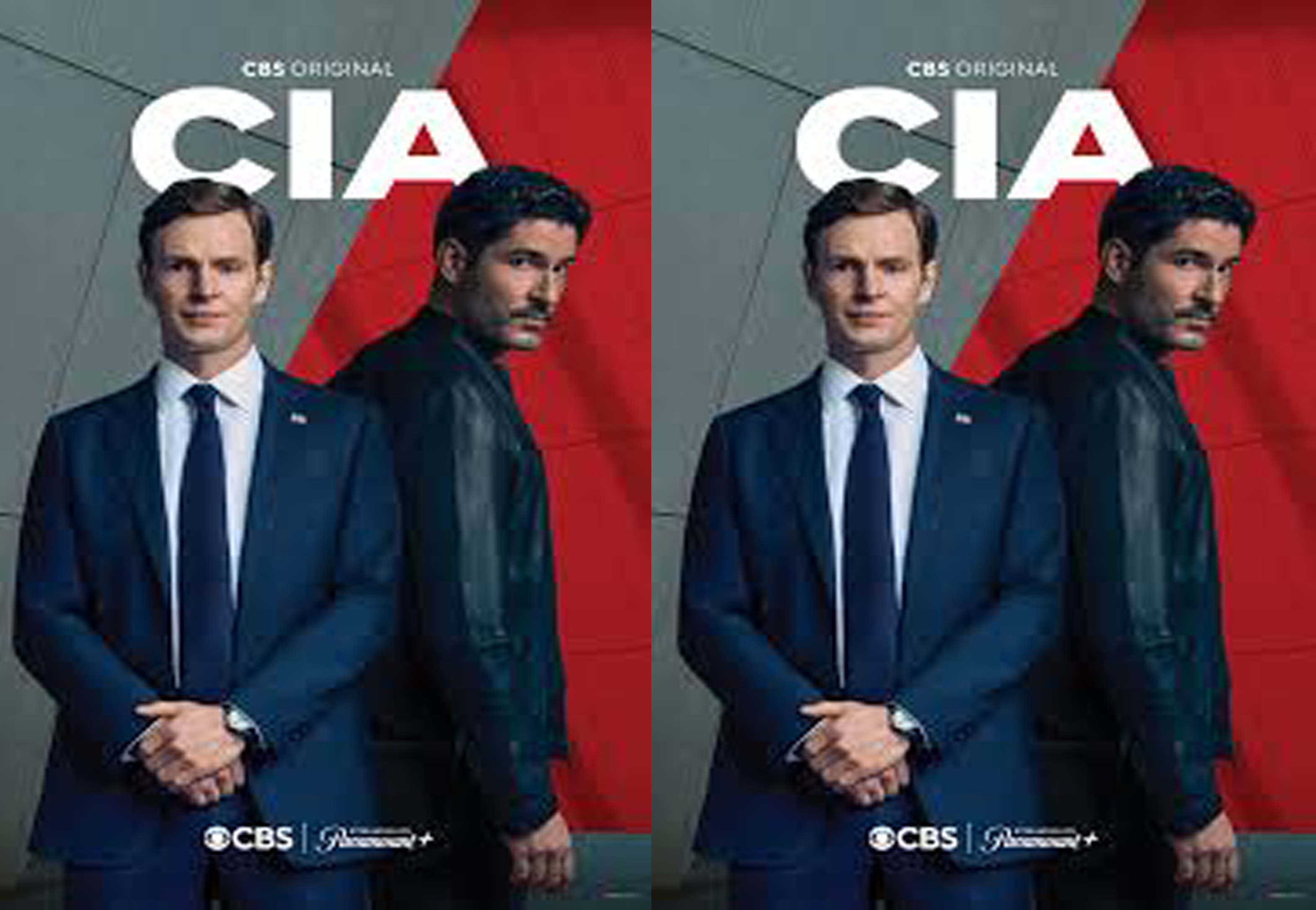 Two men in dark suits pose together against a gray and red backdrop with a CBS Original logo nearby.