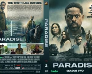 Front cover of Paradise: Season Two DVD case showing a stern man in the foreground with a group of survivors, desert vehicles, and the title PARADISE with the tagline 'It was never just about the bunker'.