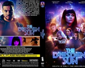 Front cover of The Dresden Sun: neon-lit sci‑fi poster with a man in a hoodie, a woman with bangs, and a group in the background under a blue-purple cityscape.
