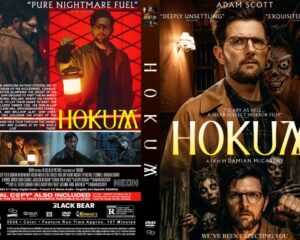 Front and back DVD cover for the film 'Hokum' starring Adam Scott; front shows the bearded man in glasses with eerie creatures, bold title 'HOKUM'; back includes cast, synopsis text, and DVD details.