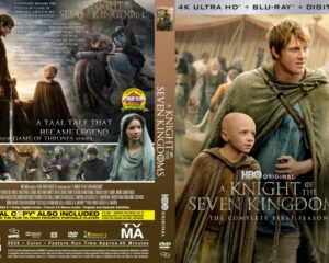 DVD/Blu-ray cover for HBO's A Knight of the Seven Kingdoms: The Complete First Season, showing a man in a cloak and a young bald figure in a camp setting with tents in the background.