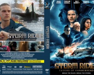 DVD cover for Storm Rider: Legend of Hammerhead featuring a man in blue shirt with a stormy ocean scene and explosions in the background; includes film credits and barcode on the back side.