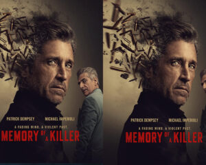 Movie poster with two men and bullets exploding from the left; title 'Memory of a Killer' in red.