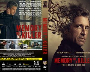 Two-panel DVD cover for Memory of a Killer; left back shows action scenes and a man with a rifle, right front features a close-up portrait with the bold red title Memory of a Killer.
