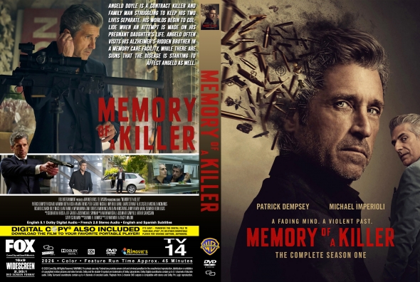 Two-panel DVD cover for Memory of a Killer; left back shows action scenes and a man with a rifle, right front features a close-up portrait with the bold red title Memory of a Killer.