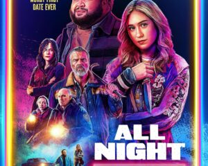 Movie poster for All Night Wrong with a neon-framed border and a cast of characters in a neon-lit scene; title at bottom reads ALL NIGHT WRONG.