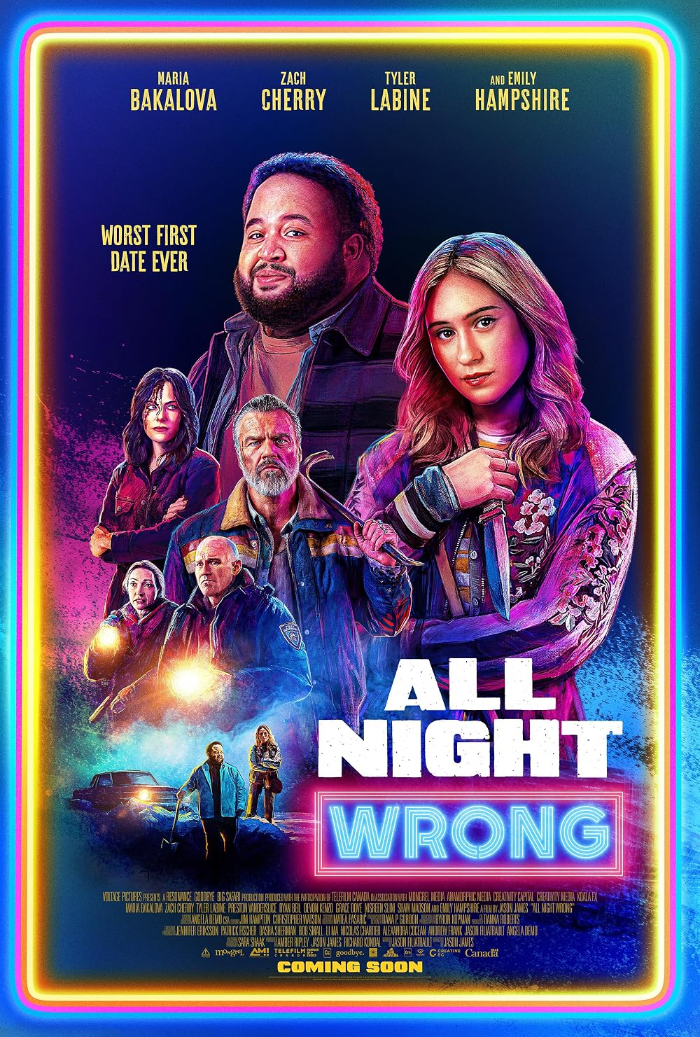 Movie poster for All Night Wrong with a neon-framed border and a cast of characters in a neon-lit scene; title at bottom reads ALL NIGHT WRONG.